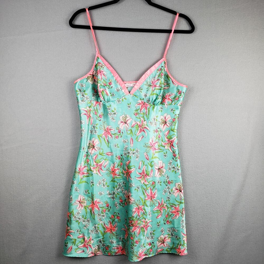 Y2K Nayomi Size L‎ Floral Satin Slip Dress Green Pink Coquette Sabrina Carpenter